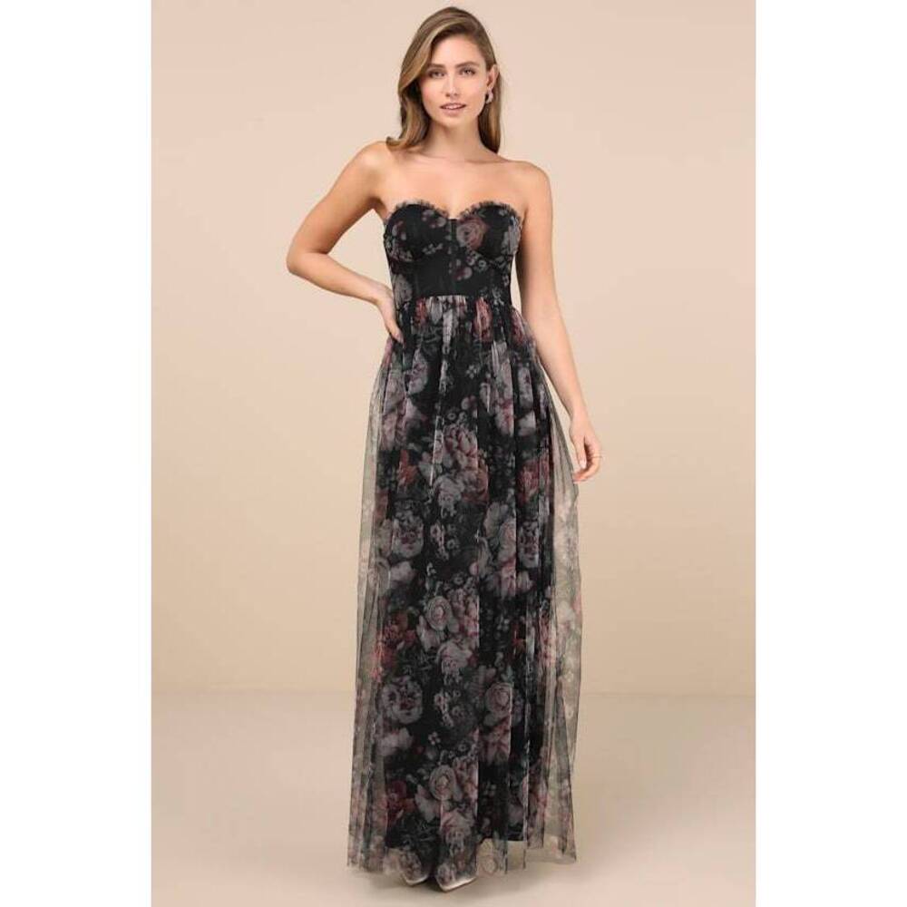Lulus Stately Entrance Black Floral Mesh Strapless Maxi Dress - Size M